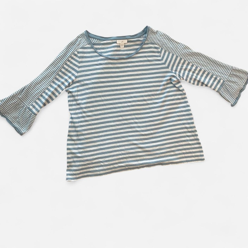 J. Jill Coastal white/blue horizontal striped 3/4 ruffle sleeve Women's size M
